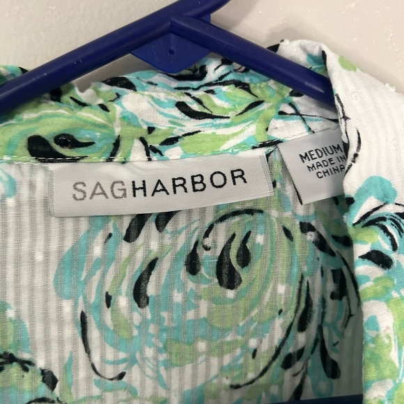 Floral Green and White Women's Sheer Top, Size M - Picture 3 of 5